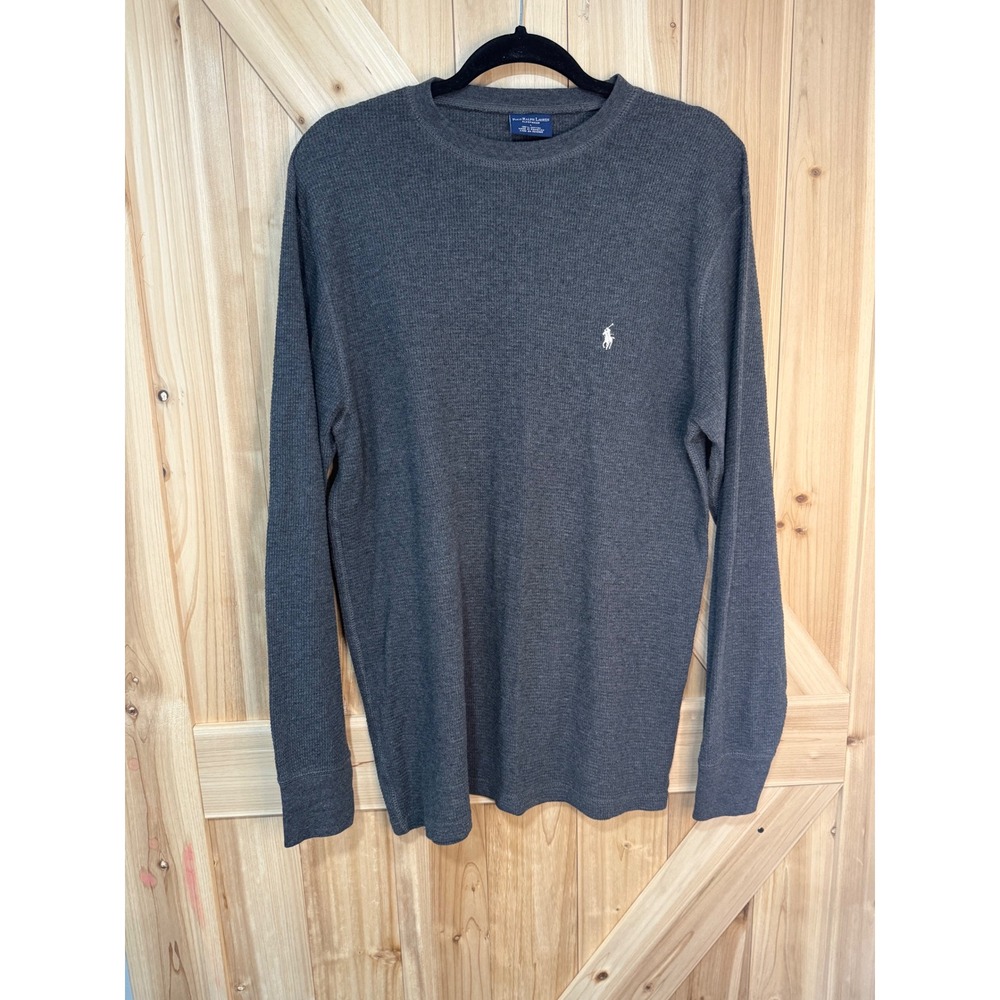 Polo Ralph Lauren Mens Large Waffle Knit Thermal Charcoal Grey Long Sleeve Shirt